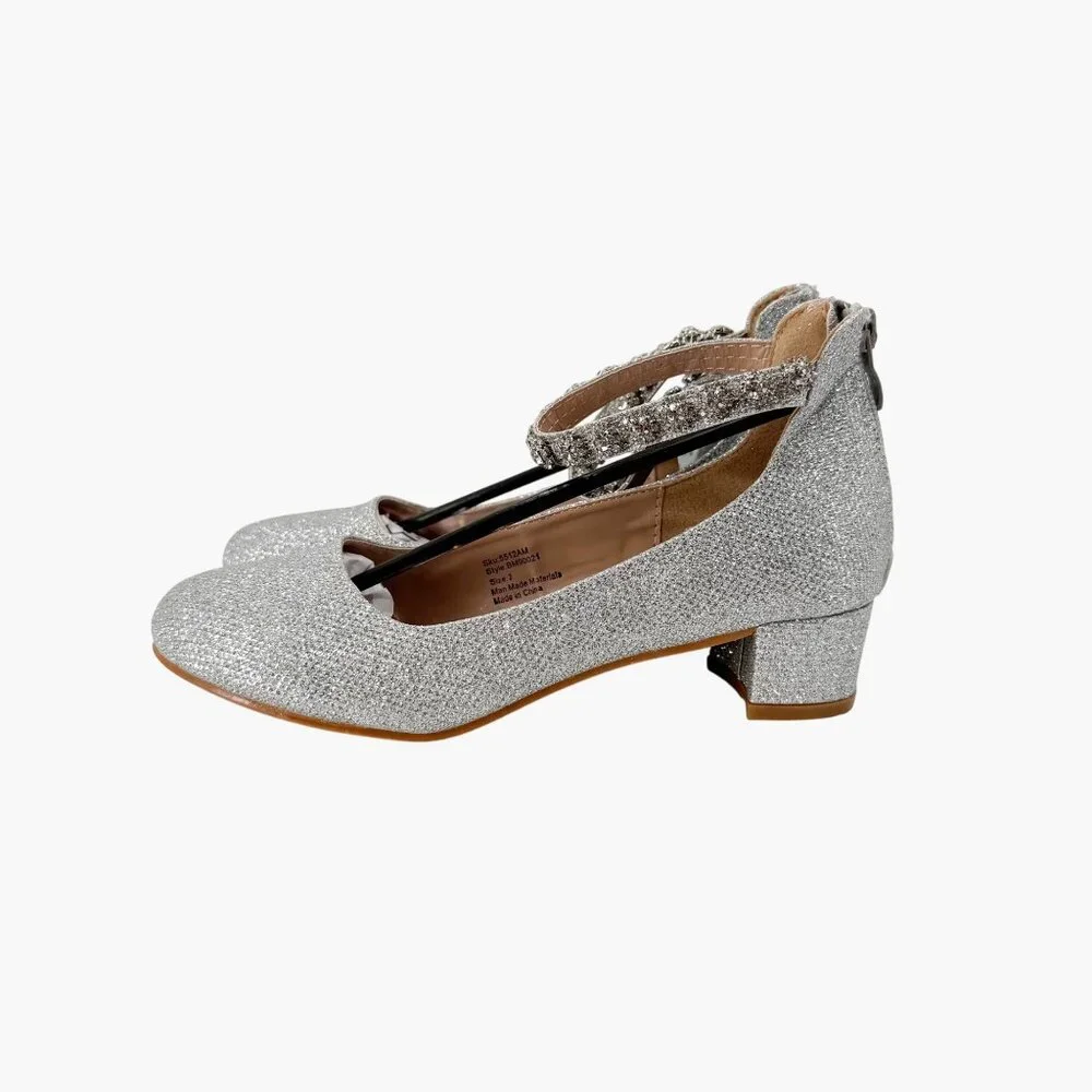 NEW Badgley Mischka Girls’ Glitter Mesh Block Heel - Silver - Size 2